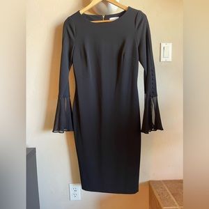 Calvin Klein Size 6 Long Sleeve Black Formal Knee Length Dress